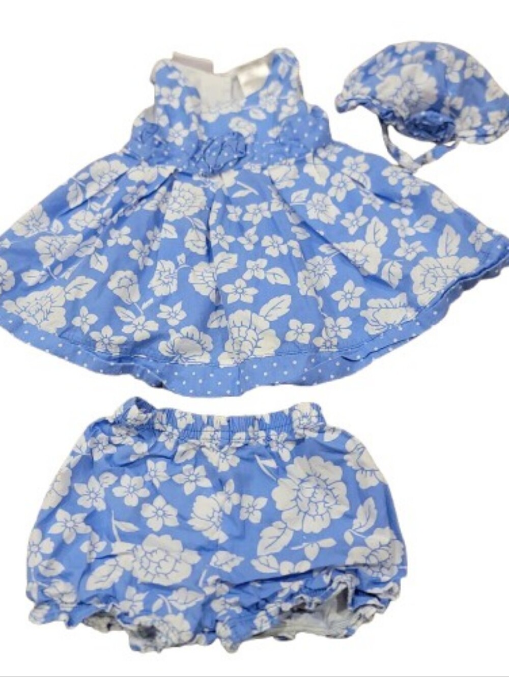 Younghearts 3 Pc Sleeveless Dress Hat Bloomer Outfit Girls 12M Blue White Floral